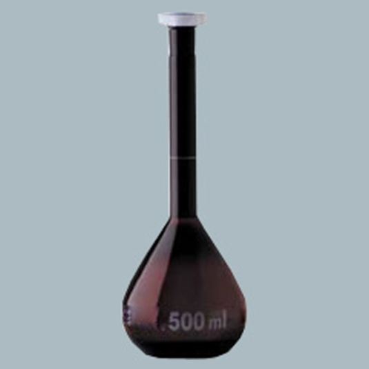 Volumetric Flask Amber with one Graduation mark and stopper made of Polythelene Class A