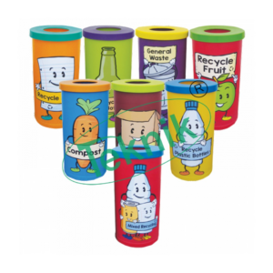 COLORFULL SORTING DUSTBIN PAINTED IN INTERESTING CHARACTERS FOR WASTE SEGREGATION